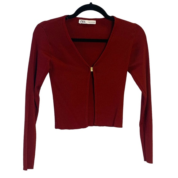 Zara Sweaters Zara Maroon Long Sleeve Crop Cardigan Sweater Gold